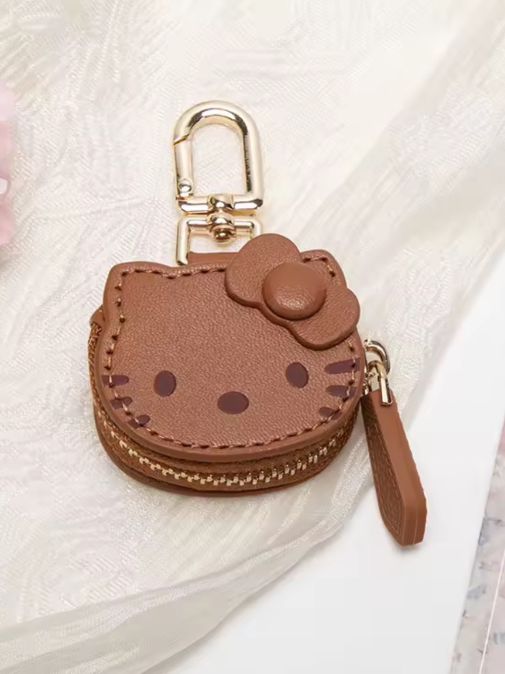 Hello Kitty Brown Leather Keychain Coin Purse with Gold Hardware